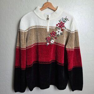 Alfred Dunner Chenille Knitted Floral 1/4 Zip Sweater XL Christmas Holiday Multi